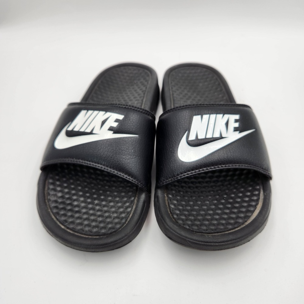 Nike Benassi Jdi 343880-090 Size 4 Sandals Black White Leather Slip On Slide